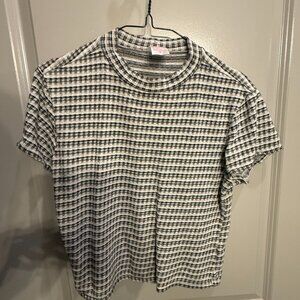 No Boundaries T-Shirt Women's XL White Cotton Gingham Mock Neck Bohemian Stretch